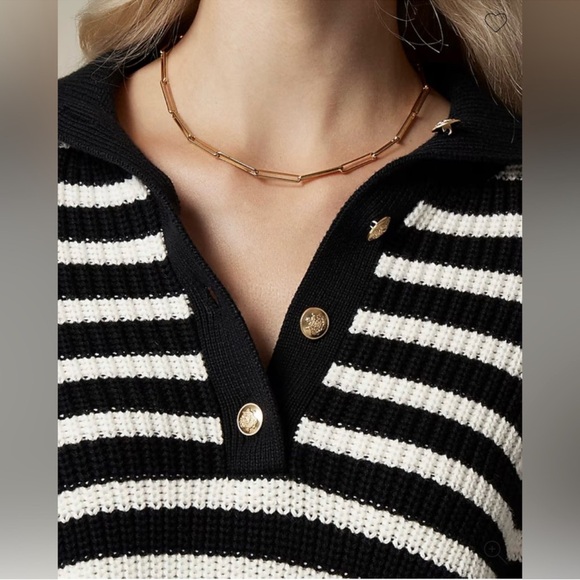J. Crew Ribbed Cotton Button-Collar Sweater in Black and White Stripe Size XL - Picture 3 of 8
